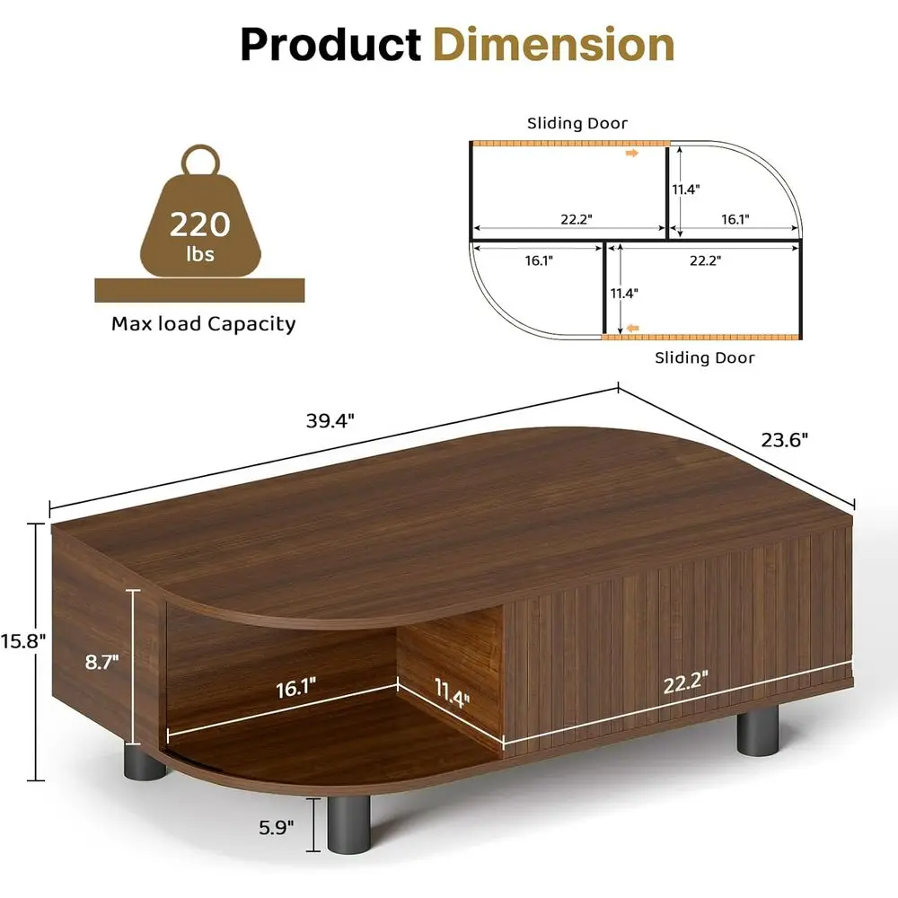 طاولة قهوة من أوراق منتصف القرن - مركز تخزين 39.4 مع باب منزلق، حجرة مخفية، لمسة نهائية من خشب الجوز