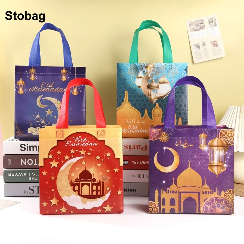 StoBag 12pcs Ramadan Eid Mubarak Non-woven Gift Tote Bag Packaging Kids Child Fabric Waterproof Storage Reusable Pouches Party