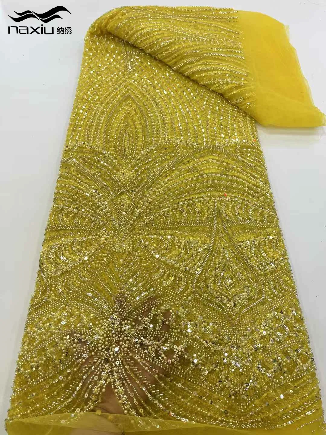 

Madison Nigerian Embroidery Beaded Lace Fabric Lace Fabric 5 Yards High Quality 2025 Sequins Lace Fabric Sequins For Sewing