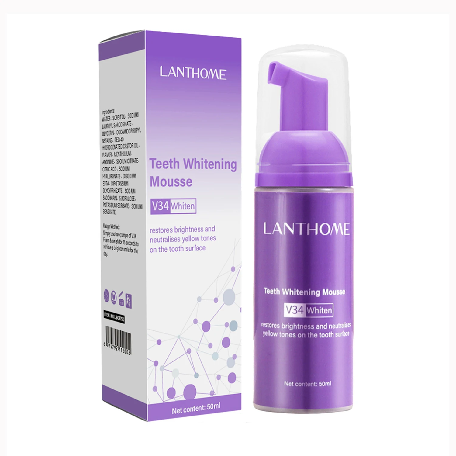 

V34 Teeth Whitening Mousse, Restores Brightness and Neutralises Ylellow Tones on the Tooth Surface, 50ml