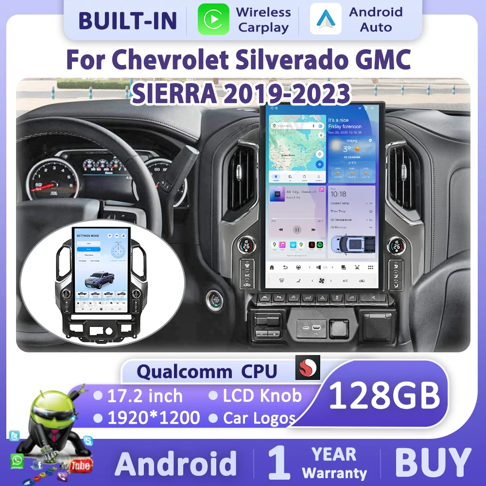 

17.2-дюймовое автомобильное радио на Android 14 для GMC Sierra Chevrolet Silverado 2019-2024 с сенсорным экраном, ЖК-дисплеем, кнопками управления, CarPlay и Android Auto