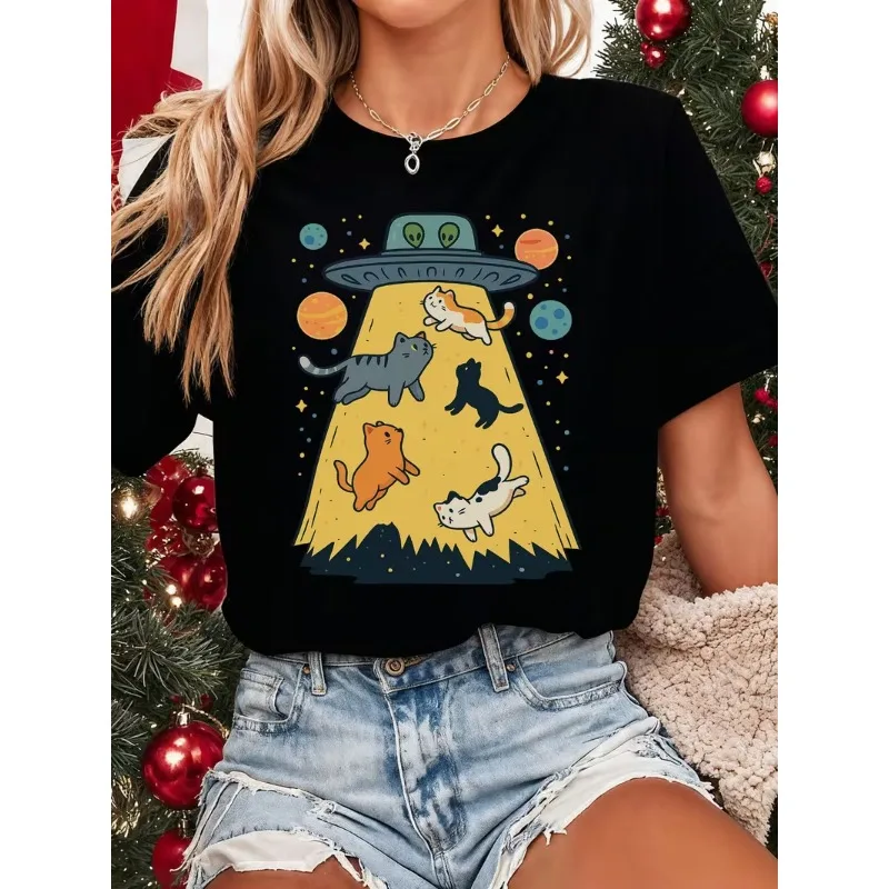Cute Alien UFO Cat Print Women's Casual Short Sleeve Y2K Fashion Streetwear Crewneck Tops Funny Space Cat Pattern T-shirt