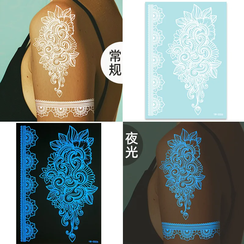 Glow In The Dark Temporary Tattoo Stickers Blue Luminous Henna Tattoo Decal for Girls Women Flower Sexy Lace Fake Art Sticker