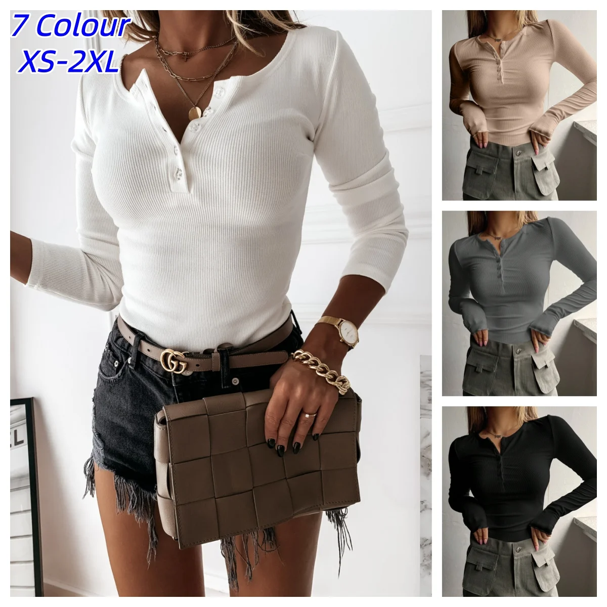 

Y2k Women Autumn Henry Top O Neck Button Long Sleeve Slim Fit Pullover Soft Breathable Elastic Simple Style Women T-shirt Blouse