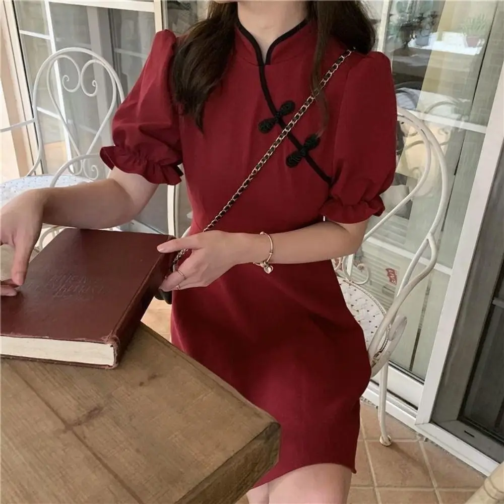 Sweet Red Cheongsam Short Skirt Chinese Knot Button Qipao Dress Stand Collar Short Sleeve Women Chi-pao Summer