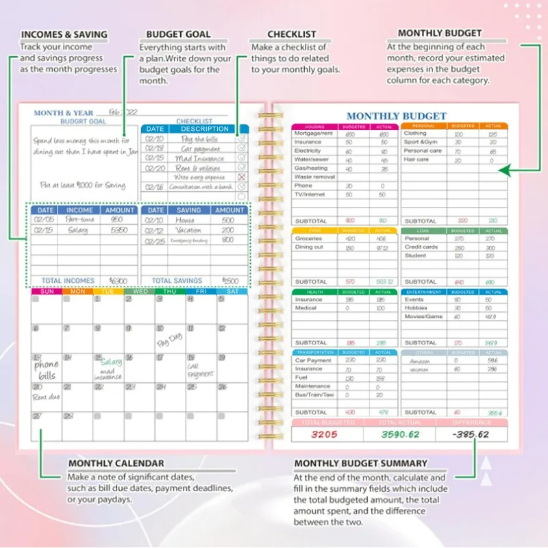 Capa de filme PP para Budget Planner, Gold Stamping, Mensal e Inglês