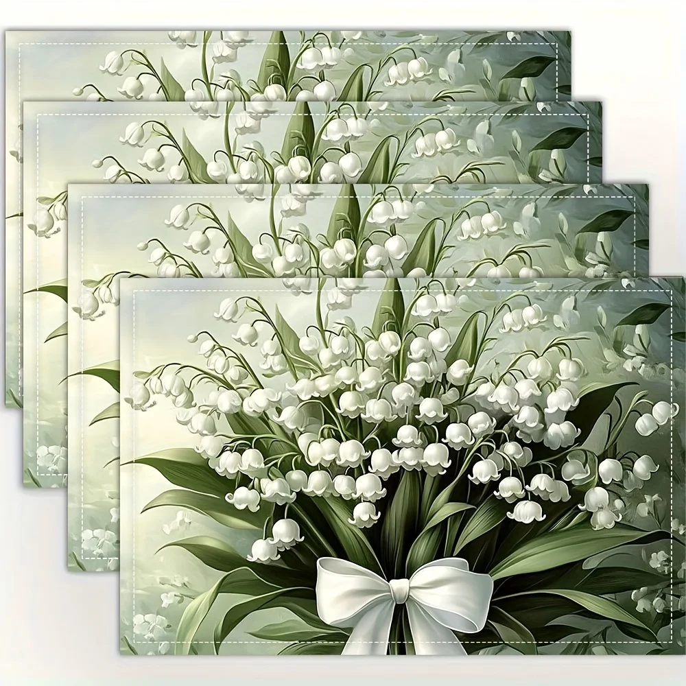Single-Sided Printing Table Mats 12X18 Inch, Only a Plane Print, Lily-Of-The-Valley Bouquet with White Ribbons, Soft Lighting
