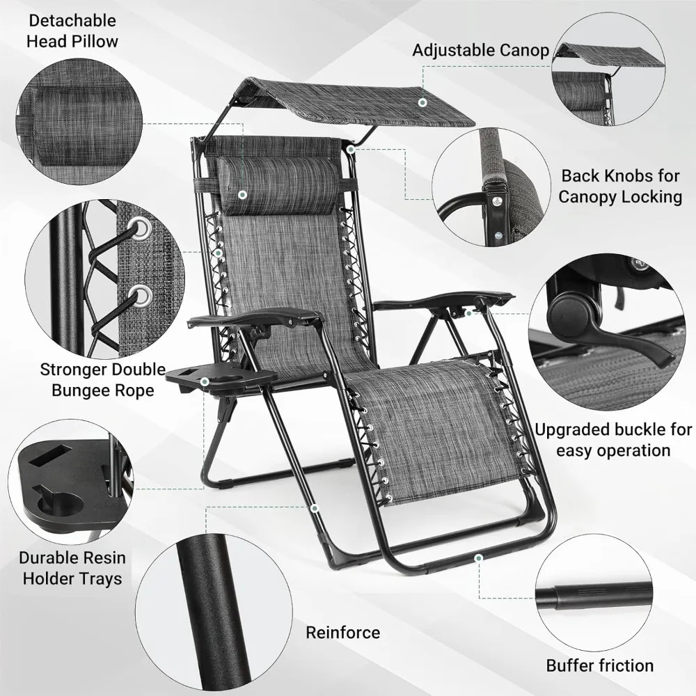 Para foteli rozkładanych z funkcją nieważności: duże krzesła wypoczynkowe na zewnątrz z baldachimem i uchwytem na napoje