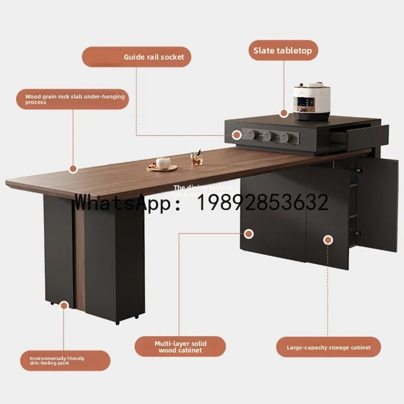 CZ Island Dining Table Integrated Extendable Home Large Apartment Modern Simple Black Walnut Wood Grain Rock Board