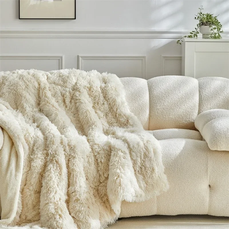 2025 New Double Mink Fleece Lamb Fleece Cotton Blanket Coral Fleece Ice Cream Long Hair Blanket Solid Color Simple Sofa Blanket