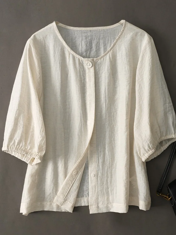 เสื้อผ้าลินินหรือผ้าฝ้ายทรงกลม สำหรับผู้หญิง ฤดูร้อน ผ้าบาง สบายๆ สีพื้น ระบายอากาศได้ดี ให้ลุคดูอ่อนเยาว์