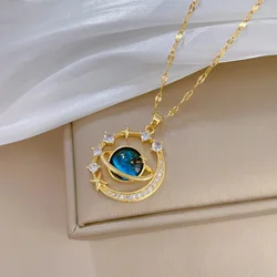 Stylish and Charming Star and Moon Surrounded Micro-set Necklace, Classic and Gorgeous Stainless Steel Pendant