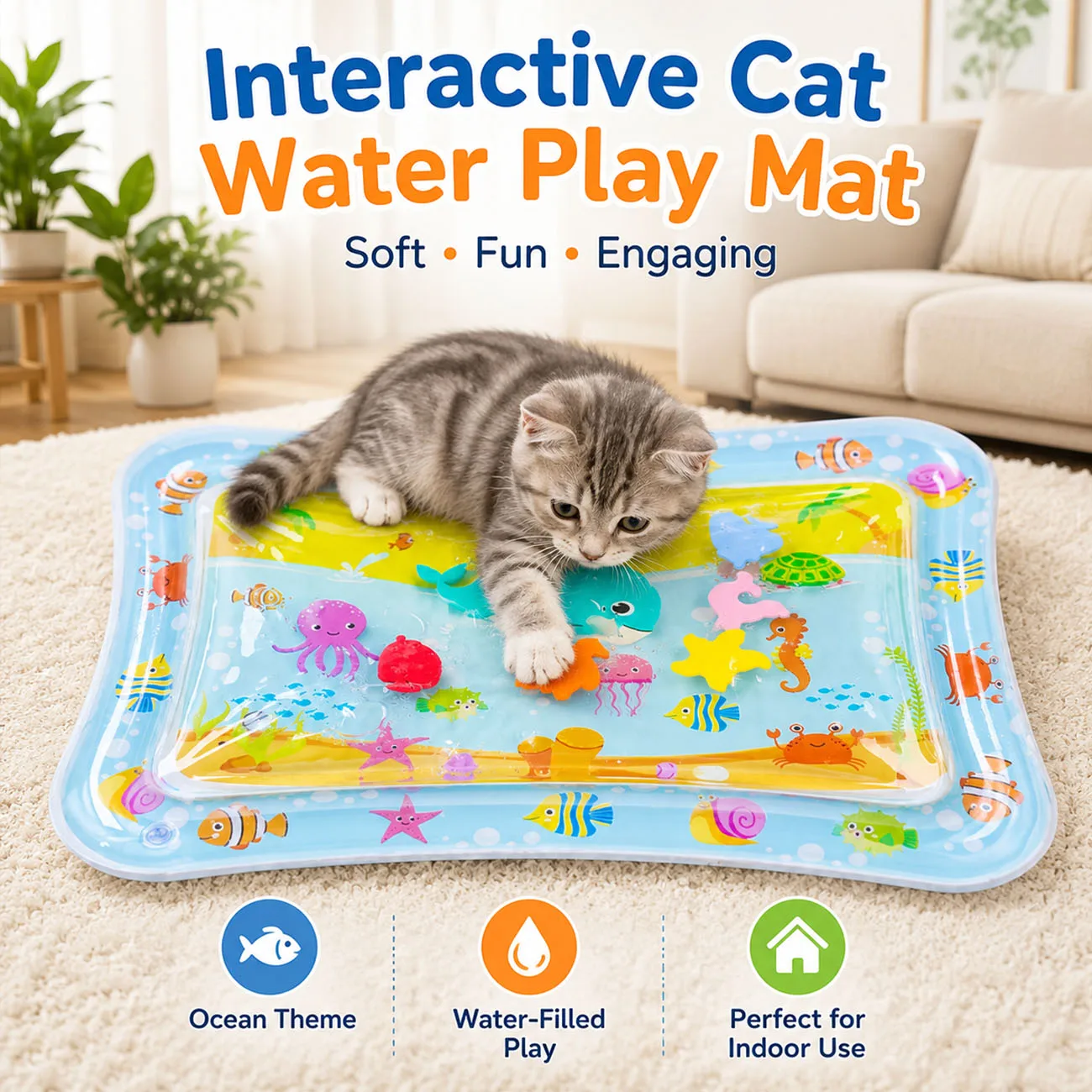 Inflatable Cat Dog Water Mat,Newly Upgraded Anti-Scratch Leak Proof Mat, with Floating Fish for Indoor Kitten Cats to Swatting