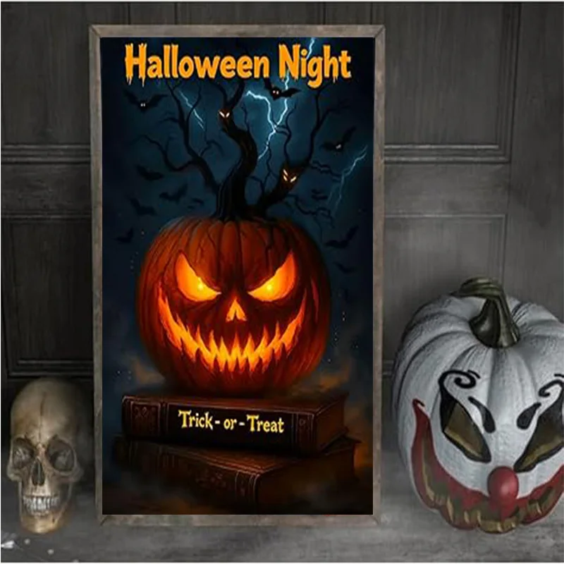 Halloween-Nacht-Diamant-Kunst-Set – Süßes oder Saures-Diamant-Malerei-Set, 5D-Diamant-Malerei, großer Kürbis, DIY-Diamant-Malerei