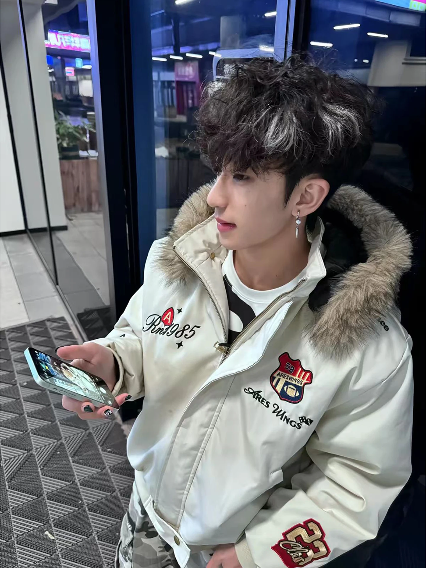 Retro American Embroidered Cotton Jacket for Men Winter Removable Fur Collar Hooded Thick Warm Parka Casual Youth Outerwear