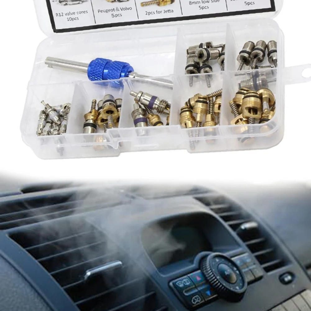 

For R134a AC Valve Core Kit 40PCS with Tool for Replacing Cores in Passenger Cars Light Trucks and Motorcycles