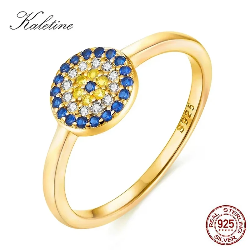 KALETINE 925 Sterling Silver Evil Eye Rings For Women Lucky Charm Round Blue Crystal Finger Ring Lucky Turkey Fine Jewelry