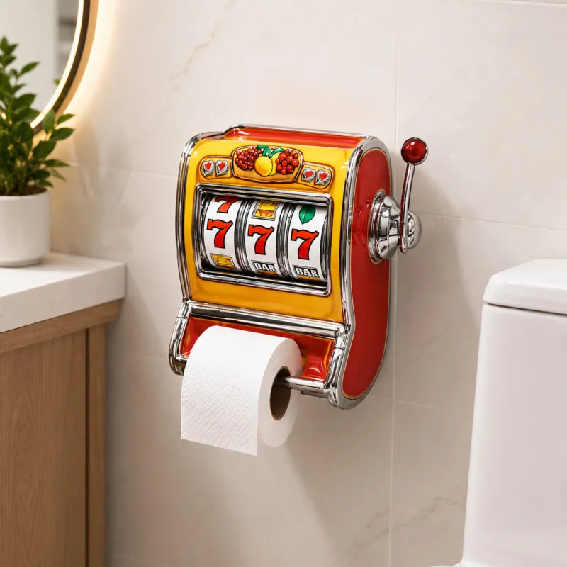 Vintage Slot Machine Toilet Paper Holder Wall Mount Tissue Dispenser Retro Lucky Fruit Pattern Creative Bathroom Home Decor Gift