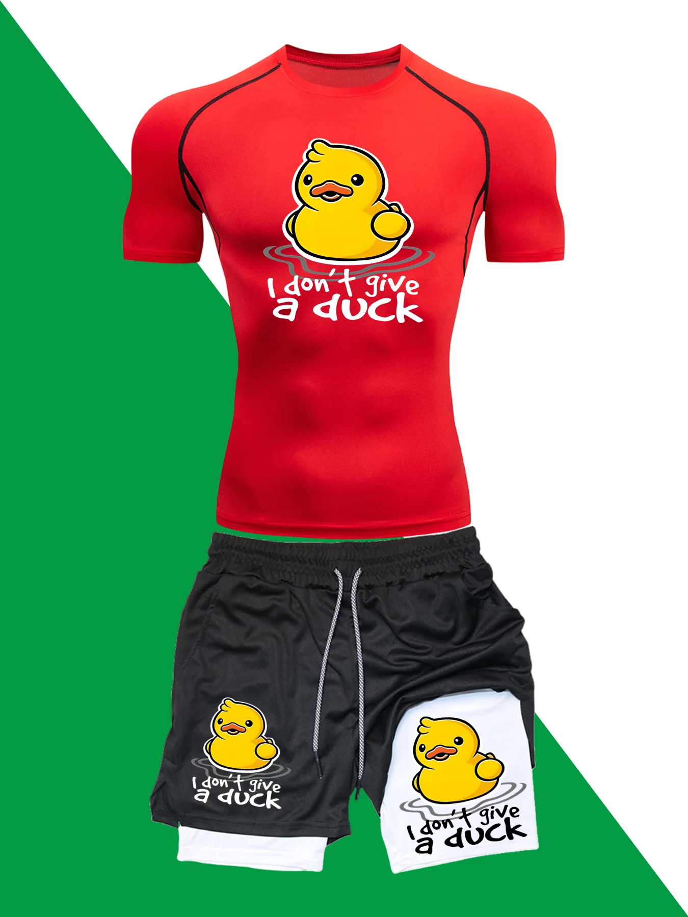 

Мужской спортивный комплект из 2 предметов: узкие короткие рукава с принтом «Маленькая утка» + двойные шорты с несколькими карманами, тренажерный зал, баскетбол, утренний бег