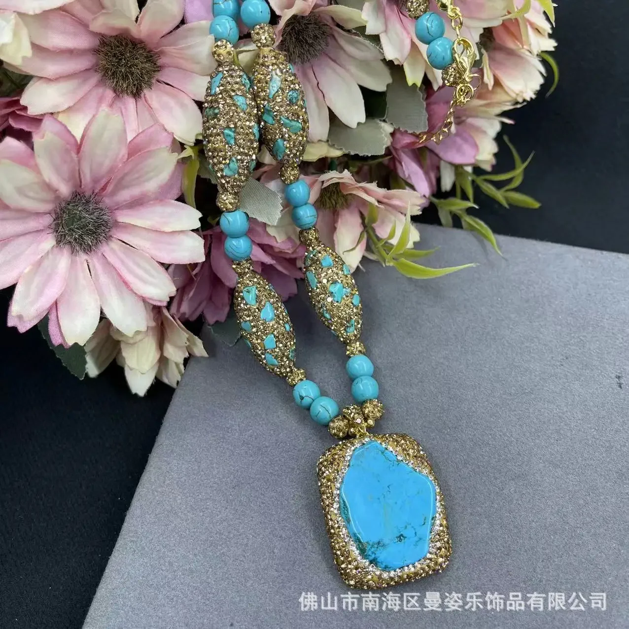 Square turquoise fashion necklace exaggerated sweater chain ethnic style original design natural stone jewelry