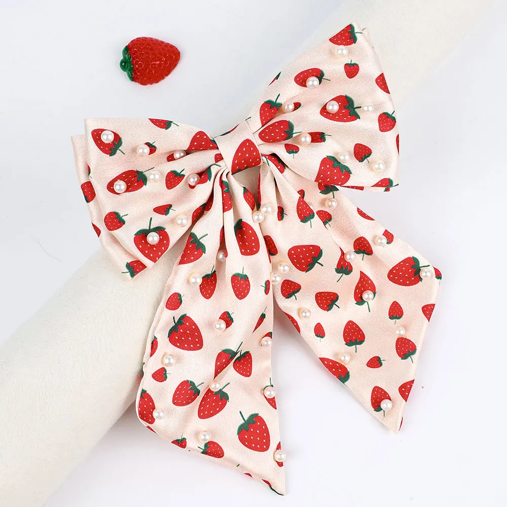 Fashion Chiffon Bow Hair Clip Elegant Women Pearl Hairpin Strawberry Print Korean Summer Headwear Girls Hair Accessories