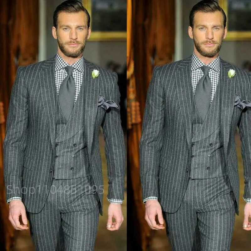 

Умные повседневные серые полосатые мужские костюмы из трех предметов для свадьбы, повседневные деловые деловые деловые мужские костюмы, приталенный однобортный пиджак, жилет, брюки