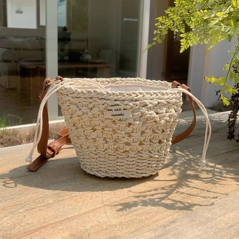 

Ladies Straw Woven Shoulder Purse Summer Vacation Beach Bag Casual Small Bucket Crossbody Handbag Female Drawstring