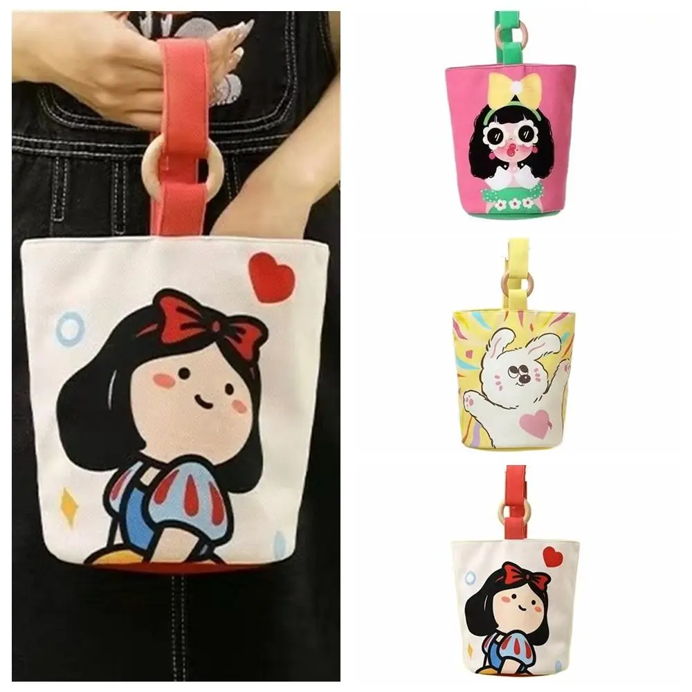 Cartoon Girl Canvas Bucket Bag Korean Style Shoulder Bag Y2K Outing Shopping Bag Women Sweet Cute Handbag Student Lunch Bag