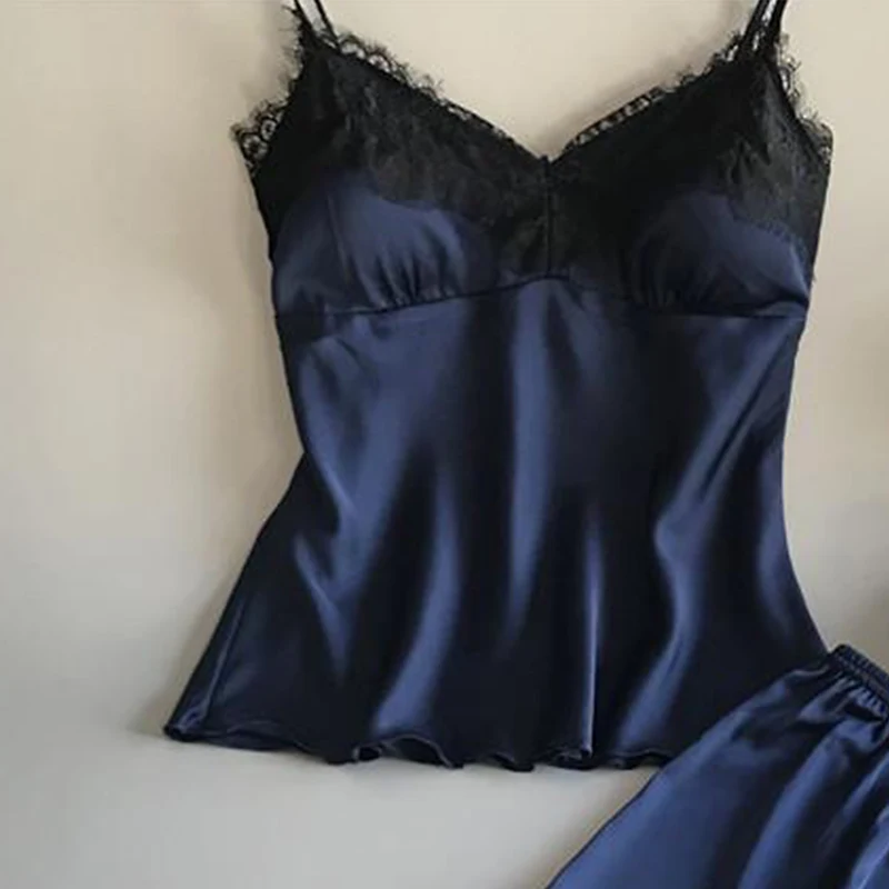 Traje de pijama de encaje Sexy para mujer, ropa de dormir con cuello en V, lencería informal