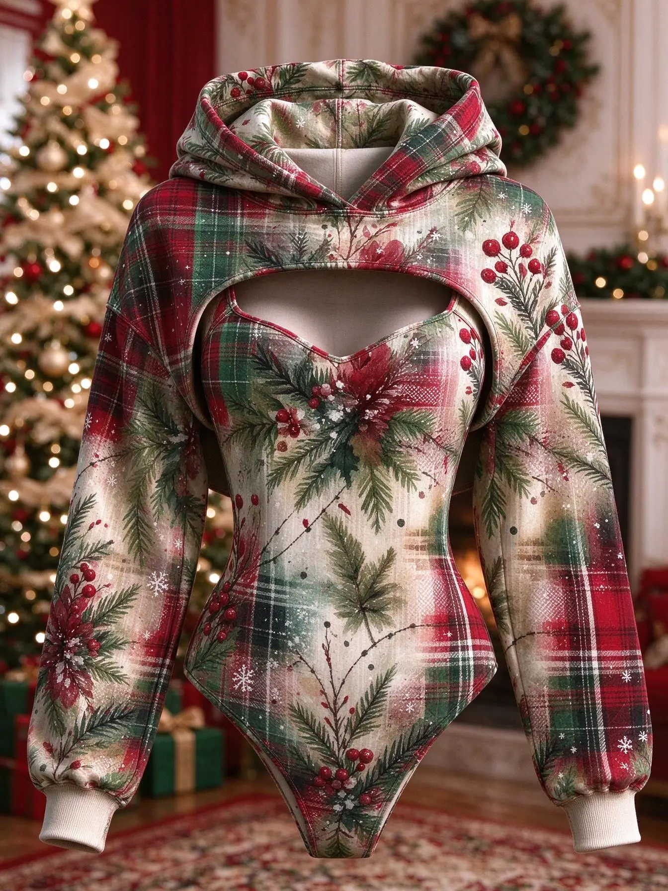 Women 2Pcs Christmas Plaid Pine Berry Print Outfit Sleeveless Bodysuit + Hooded Long Sleeve Shrug Set Xmas Holiday Costume