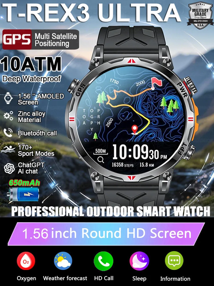 2026New Military T-Rex3 Ultra GPS SmartWatch Gebaut in GPS Kompass Höhenmesser Barometer 5ATM Wasserdicht 650mAh Sport Armband männer