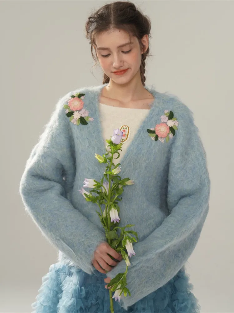 

122cm Bust Fall Winter Alpaca Wool Cardigans Women Korean Fashion Elegant Loose Handmade Embroidery Blue Knitted Wool Sweaters