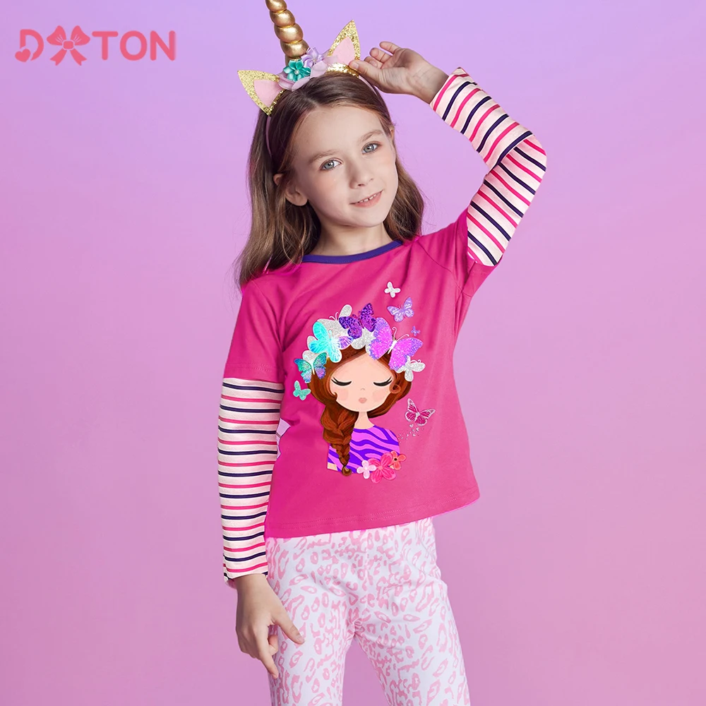 

DXTON Kids Tops Autumn Long Sleeve Toddler's T-shirts Striped Cotton Baby Girls Tees Princess Print Children Casual Outdoor Wear