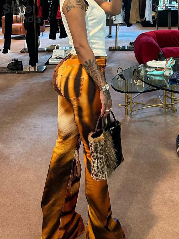 Sisterlinda Tiger Print Y2K Straight Pants Women Trend Skinny Elastic High Waist Wild Bottom Lady Basic Trousers Streetwear 2023