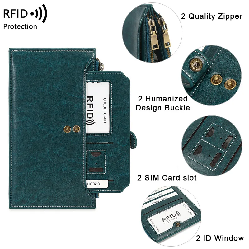 Western RFID Blocking Multi-card Slot Double Zipper Women Phone Bag Large Capacity PU Leather Card Holder for Mens