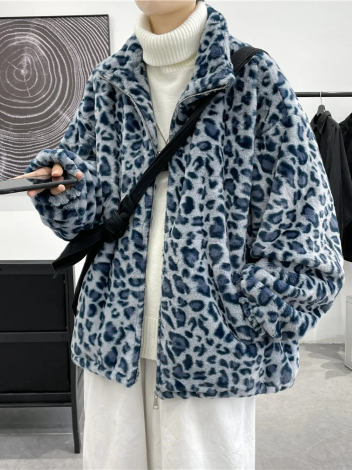 Men's 2024 Winter New Thickened Imitation Rabbit Fur Cotton-padded Oversize Trendy Cotton-padded Leopard Print Lamb Wool Jacket