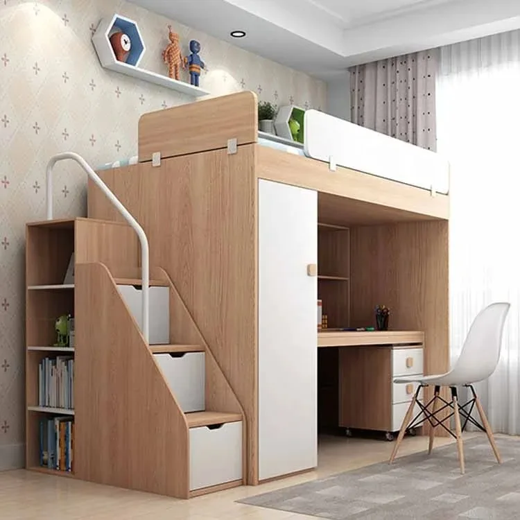 سرير خشبي بطابقين موفر للمساحة مع مكتب وخزانة ملابس، سرير متعدد الوظائف بطبقة مزدوجة مدمجة للأطفال