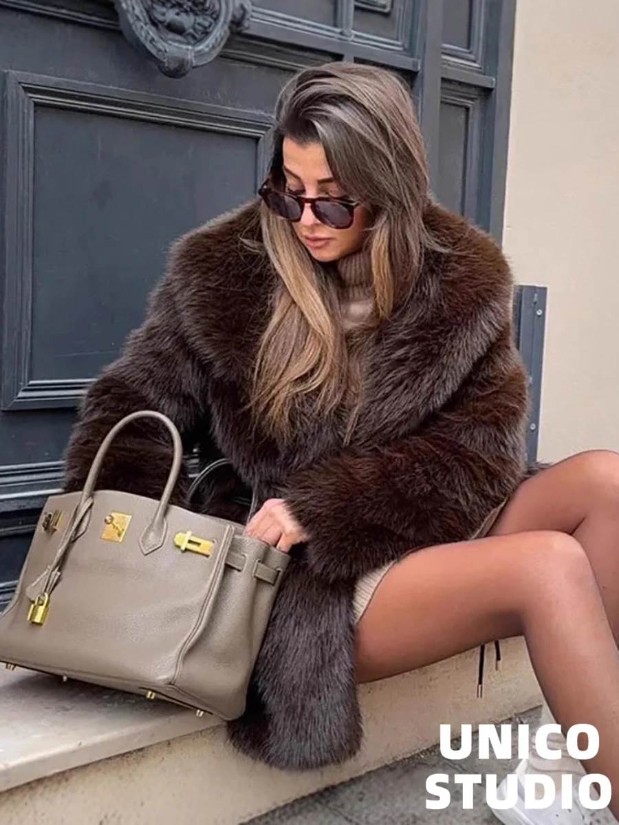 Casaco de pele sintética Street Sle com cinto e gola superior da Iuencer Trendy Thiened solto ajuste comprimento médio longo casaco Sve