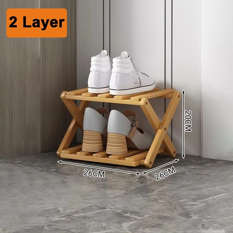 A74E-Bamboo Multi-Layer Folding Shoe Rack, Retractable Household Storage Shelf, Space-Saving Shoe Organizer