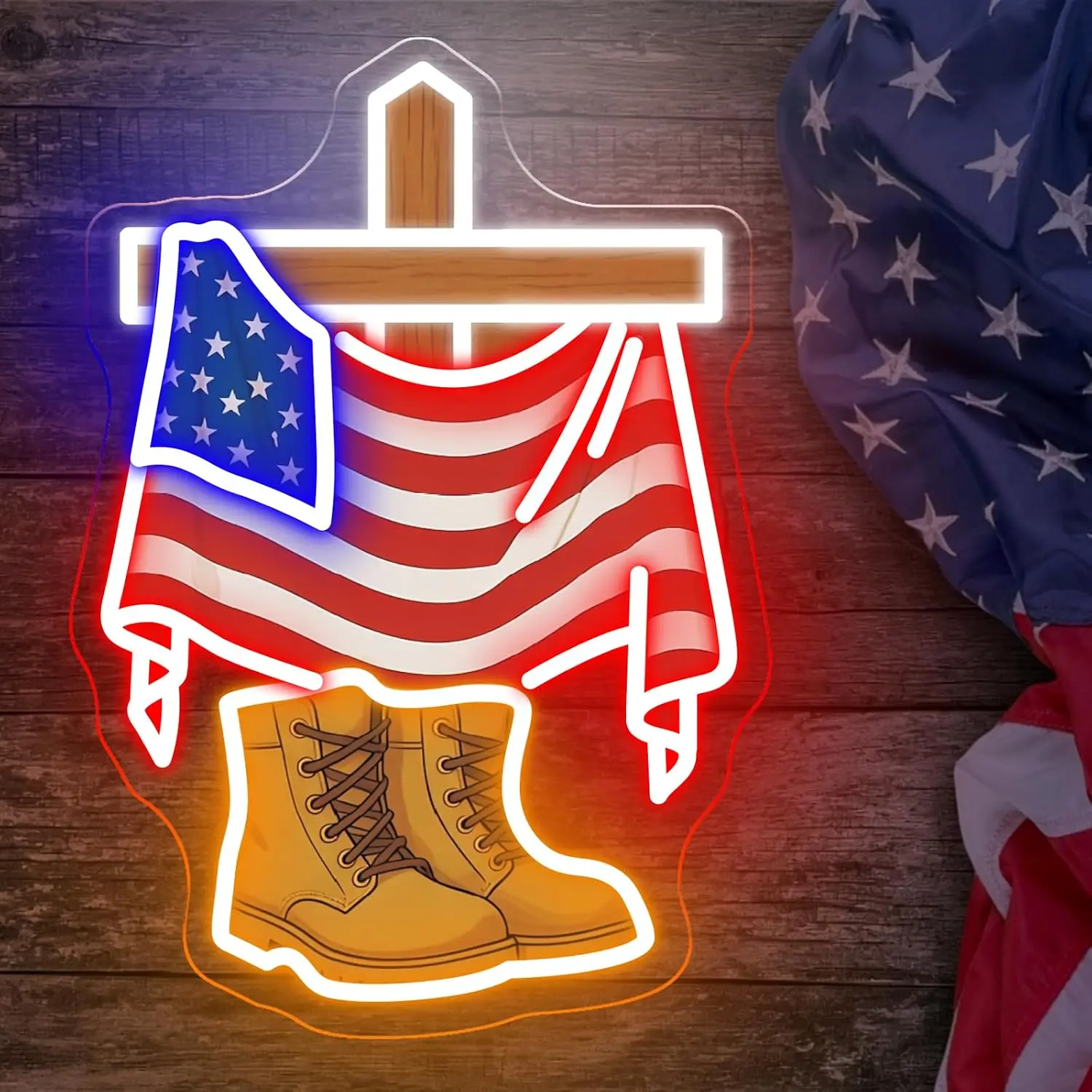 American Flag Cross & Combat Boots LED Neon Sign, Patriotic USB Neon Light, Memorial Day Veteran Room Garage Bar Shop Decor Gift