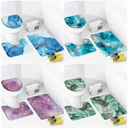 Abstract Marble Bath Mat Set Blue Green Purple Print Geometric Pattern Modern Home Bathroom Decor Non Slip Rug Toilet Lid Cover