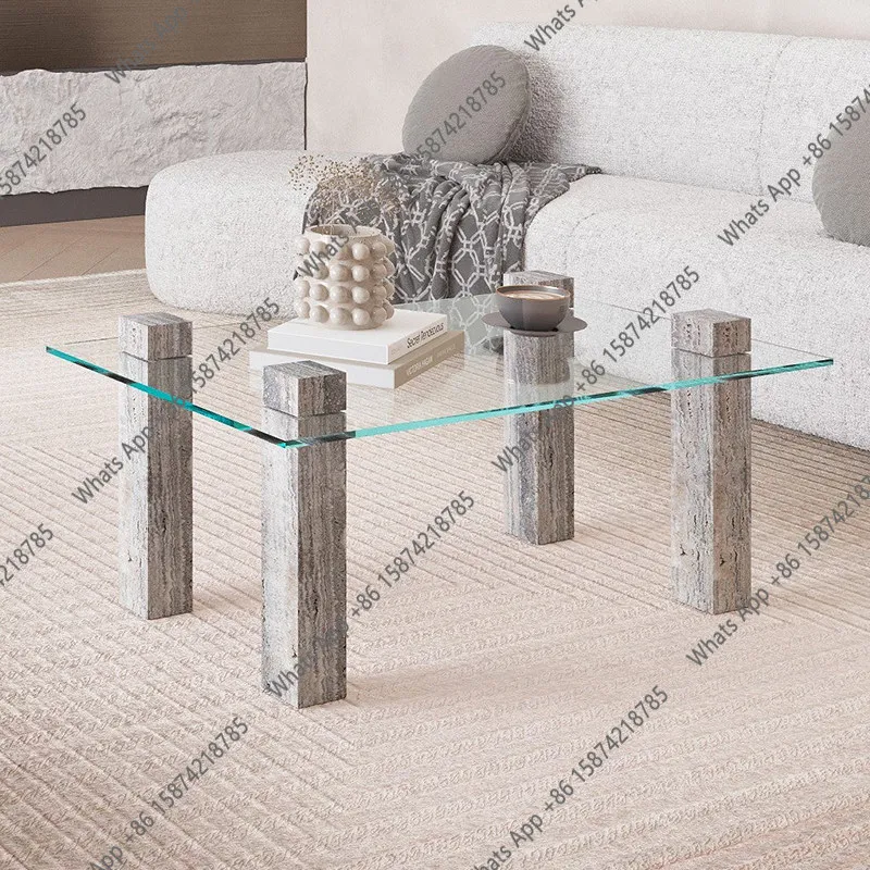 

Natural travertine glass coffee table designer modern simple living room home coffee table creative rectangular tea table