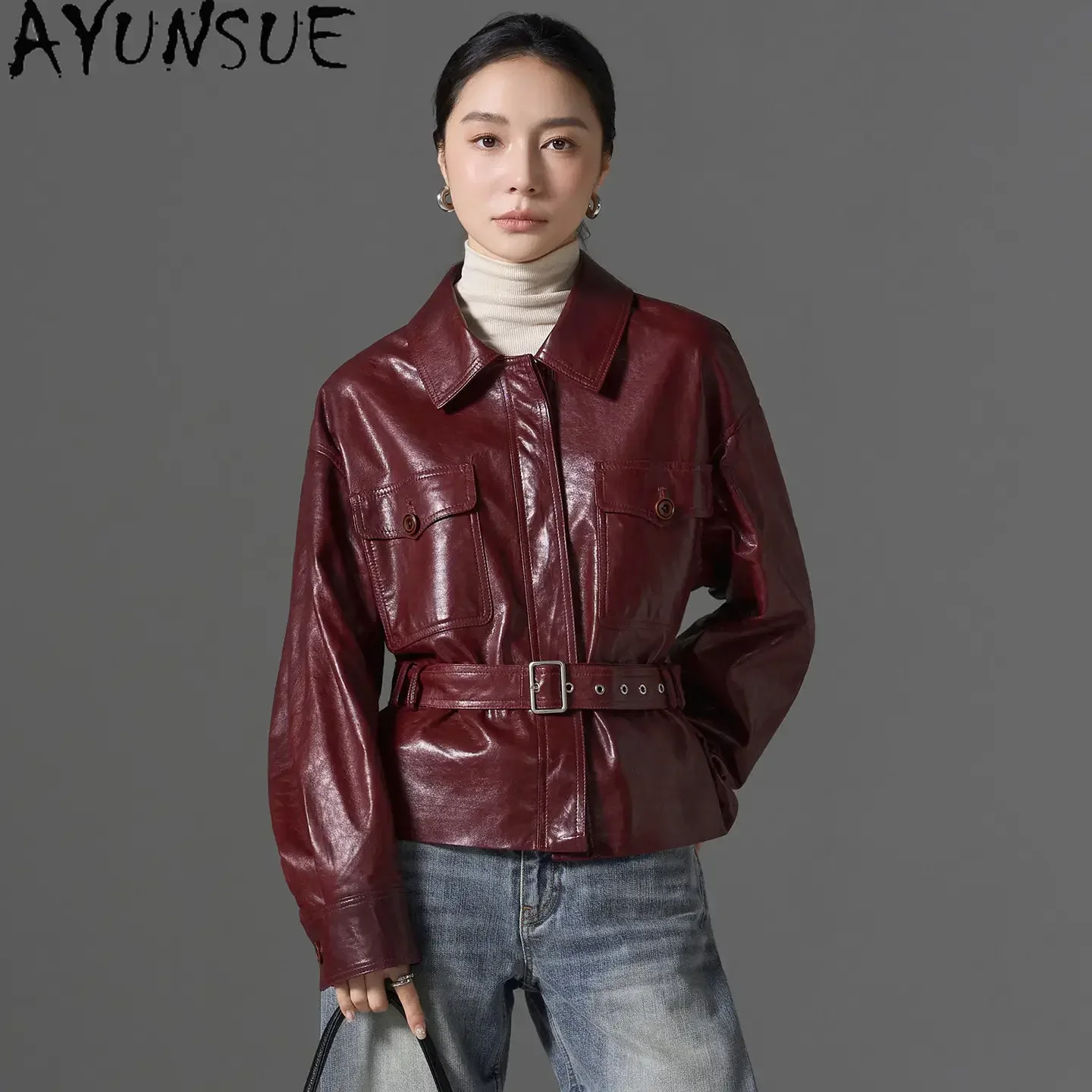 AYUNSUE Natural Sheepskin Coats Woman Real Leather Jacket Women Spring Autumn Fashion Short Loose Clothes Belt Casaco Feminino