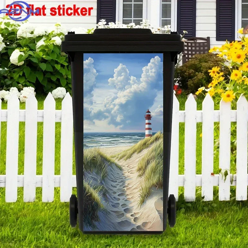 2D 1PCBeach Path Trash Can Sticker, Coastal Lighthouse Self-Adhesive Art Stickers, Sandy Dunes Trash Can Decal Ocean Scenery H