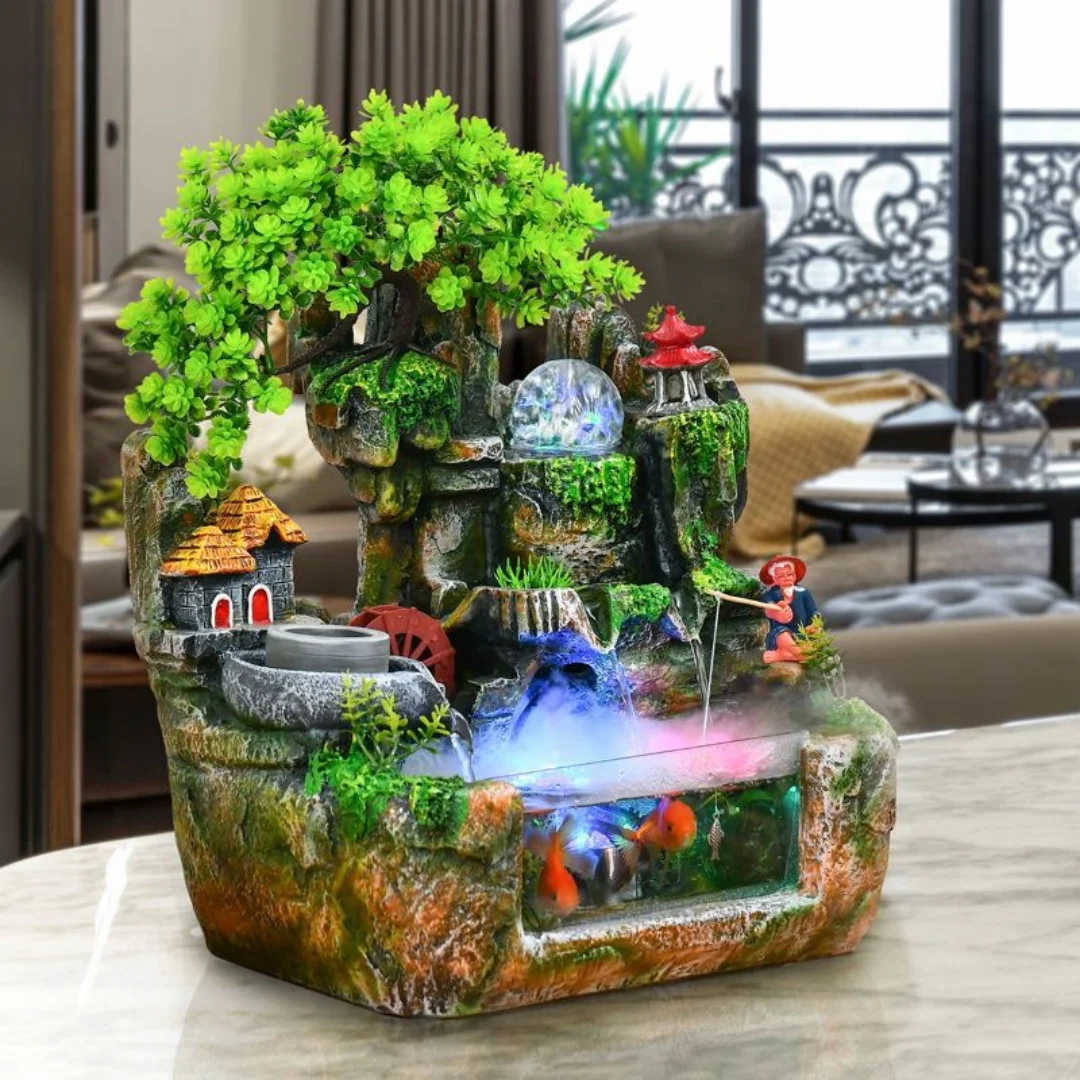 Lucky Feng Shui Money Tree Water Fountain,Circulating Fish Tank Waterfall with Resin Rockery,for Wealth Success & Home Decor Gif