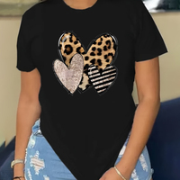 Leopard Print Designer Women's T-shirts Heart Motif O-neck Short Sleeves T shirt Fashion New Women Clothing Tops Loose Pullover