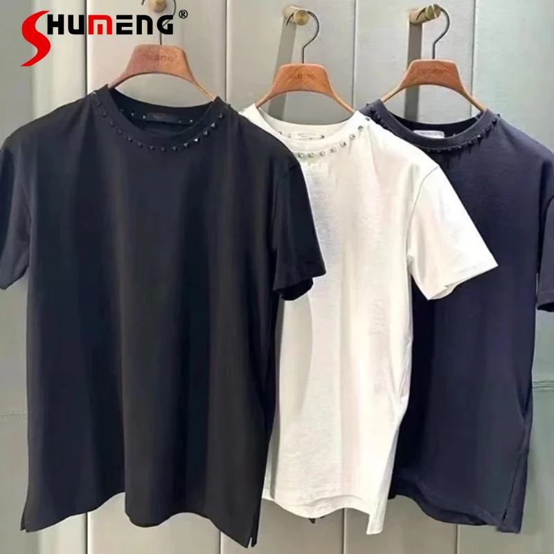 

2025 Spring Summer New Round Neck Rivet Cotton Short-sleeve Tops Male Simple Fashion Men's T-shirts Solid Color Comfort Tees