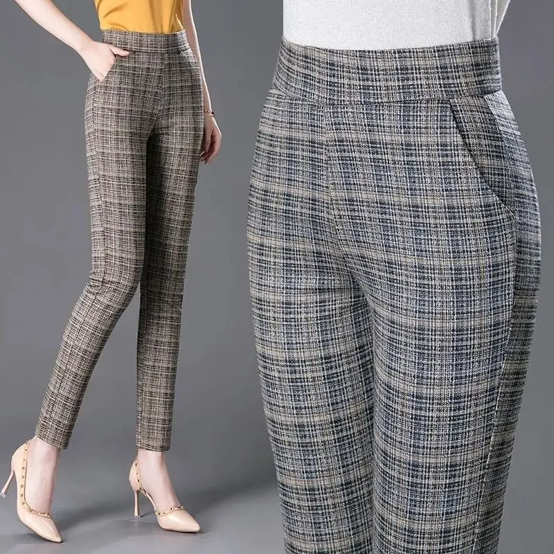 

Office Lady Slim Plaid Pencil Pants Woman Korean Fashion Vintage Spring Autumn Streetwear New High Waist Casual Suits Trousers