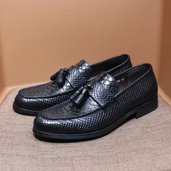 Men's Tassel Loafers Cow Leather Luxury Snake Print Slip on Wedding Party Dress Shoes for Men Comfortable Office Casual Loafers