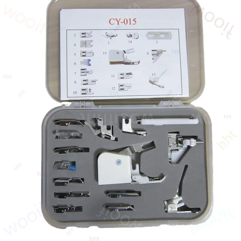 مجموعة الملحقات CY-15، 15 قطعة من ملحقات ماكينة الخياطة المنزلية متعددة الوظائف، مجموعة قدم الضغط في ماكينة الخياطة